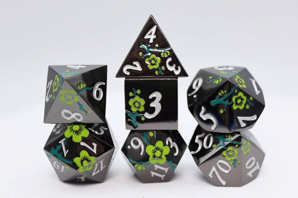 RPG Metal Dice Set: Metallic Bouquet Black with Green Orchids