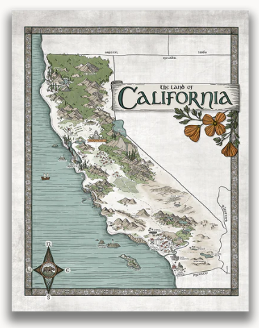 California Map - Hand Drawn Fantasy Map 11x14