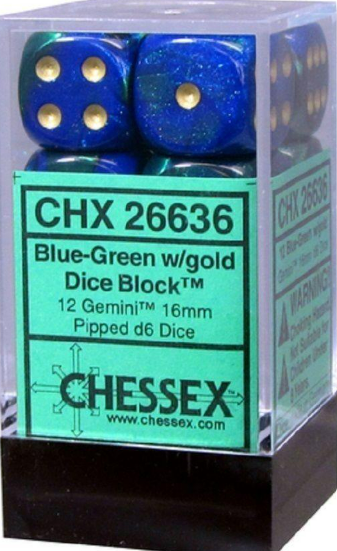 Chessex Gemini D6: 16mm Blue/Green/Gold (12)
