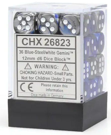 Chessex Gemini D6: 12mm Blue-Steel/White (36)